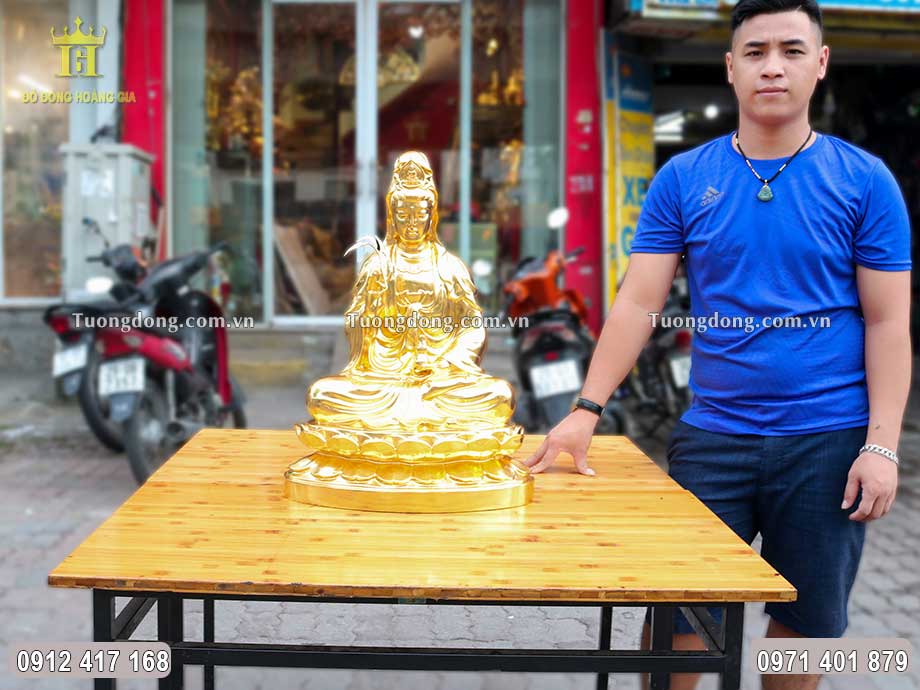 Tượng Phật Quan Âm Cầm Cành Liễu Bằng Đồng Dát Vàng 9999 61Cm